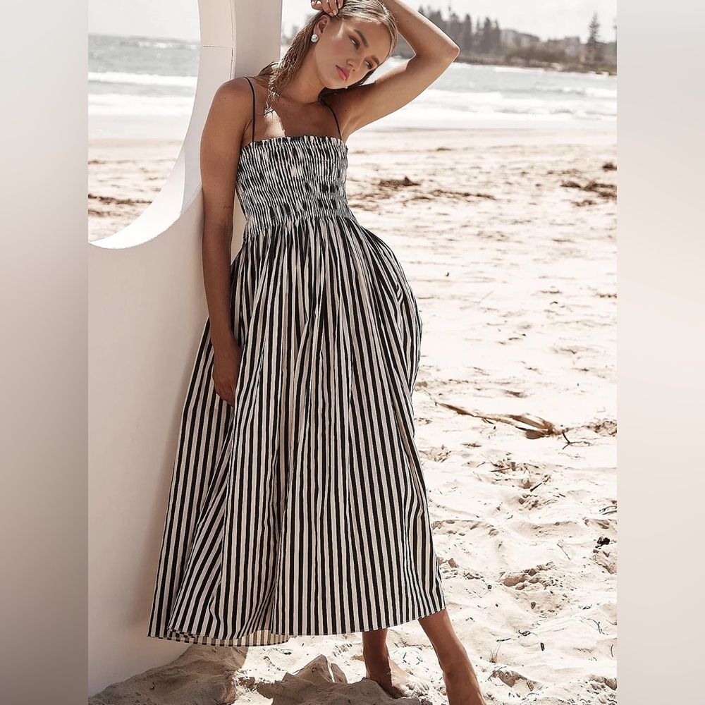 Commense Smocked Pin-tuck Bungee Cord Striped Sleeveless Maxi Dress w/ Pockets